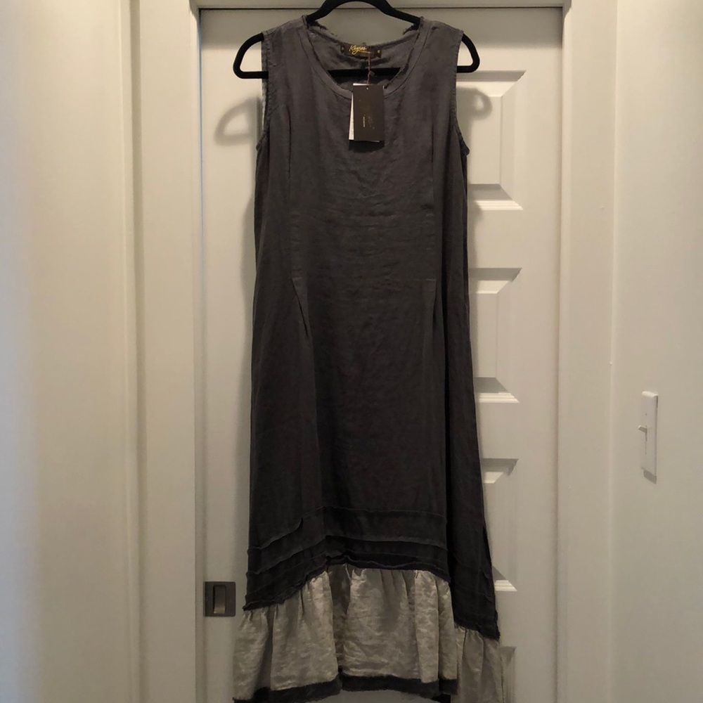 Flax Linen Mid-length Dress- Gray Size M/L